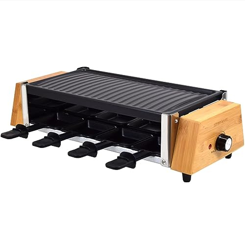 Syntrox Germany Raclette-Grill Set Murtel mit Wechselplatten 1200W, Antihaftbeschichtung, Plattengrill, Betriebskontrollleuchte, Einfache Reinigung, Edelstahlabdeckung
