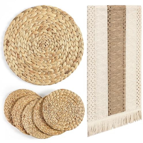 Baderke 7 Pcs Boho Table Runner and Round Placemats Set Table Runner Woven Placemats Braided Water Hyacinth Place Mat Farm Beige Centerpiece for Spring Summer Home Dining(12 x 72 Inch)