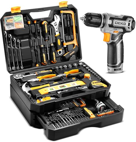 Tool Kit Box Drill Set:DEKO Home Mechanic Toolbox with 12V Power Cordless Drill Hand Repair Tools Sets Combo Kits Storage Organizer Drawer Case for Men