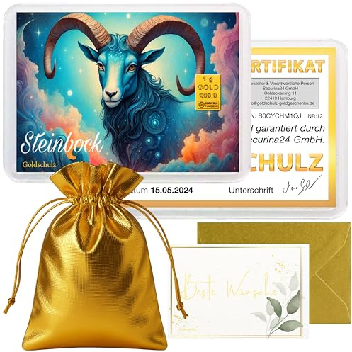 Goldschulz Goldbarren 1g 1 Gramm Motivbox - Sternzeichen Steinbock - Geschenk + Echtheitszertifikat