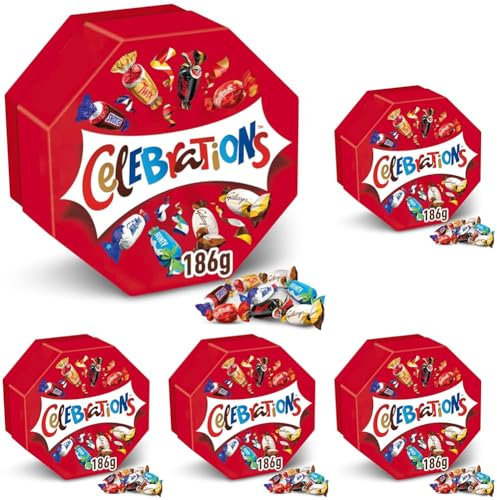 CELEBRATIONS - Boîte cadeau octogonale avec assortiment de chocolat SNICKERS, TWIX, MARS, MALTESERS, BOUNTY et autres - Chocolat de Pâques - 186g (Lot de 5)