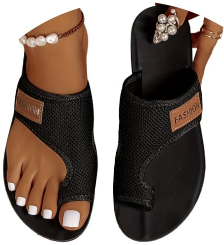 Onsoyours Sandales Plates Femme Été Hallux Valgus Tongs Confortable Mesh Nu Pieds Bout Ouvert Chaussures Vintage Sandales Pantoufles de Plage Vacances Slippers A Noir 40 EU