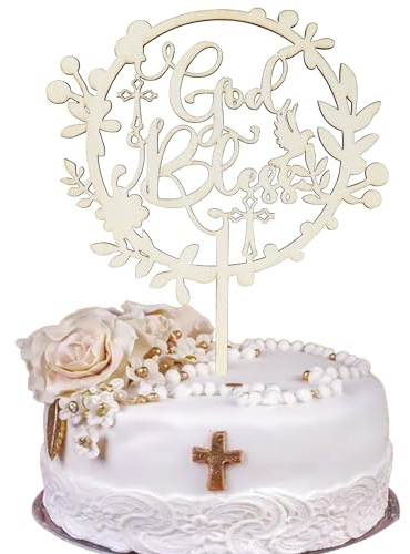 Gyufise 1Pcs God Bless Cake Topper Dove Cross Christening Wooden First Communion Cake Pick Religious Baptism God Bless Cake Decorations for Religious Theme Party Baby Shower Birthday Party Supplies