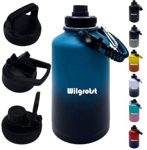 Insulated Water Bottles, 64oz Large,Stainless Steel Water Bottles with 2 Lids and Paracord Handle for Hot & Cold Liquid (Dark Blue)