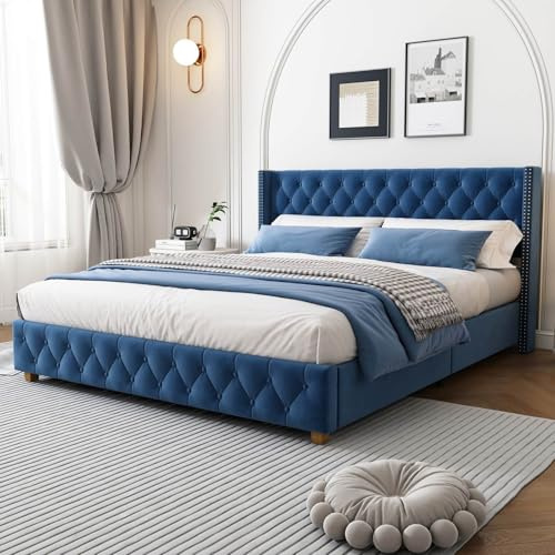 PUGSDRLY Letto Matrimoniale 160 x 200 Con Rete a Doghe, Testiera Imbottita a Bottoni, Gambe in Legno, Per Adulti, Senza Materasso