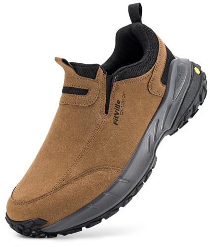 FitVille Extra Anchos Zapatillas de Senderismo Hombre Sin Cordones Zapatos para Nordic Walking Zapatillas Casual Slip-on Caqui 42 EU Ancho