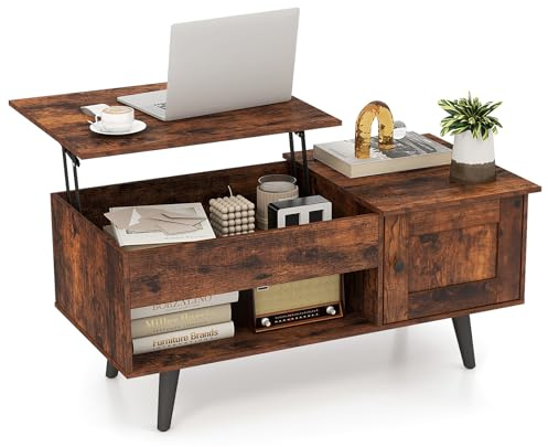 COSTWAY Lift Up Top Coffee Table, Wooden Lifting Cocktail Center Table with Hidden Storage, Door Cabinet and Open Shelf, Rectangle Sofa Side Tea Table for Living Room (Backward Top, Rustic Brown)