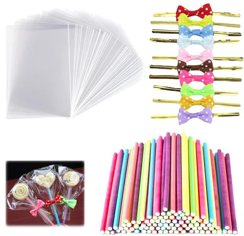 HAYGEM 300 Piezas Bonitos Palillos y Bolsas Chuches Set, Contiene 100 Palillos de Papel para Cake Pops, 100 Bolsas para Chuches OPP Transparentes, 100 Cinta de Atar, para Cumpleaños, Halloween