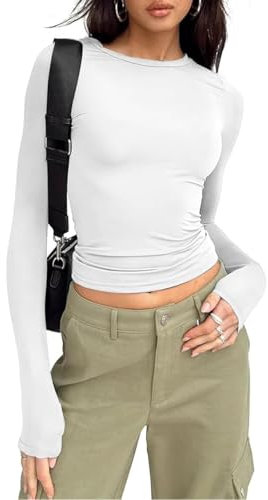 Flintronic Women's Long Sleeve Scoop Neck Slim Fitted T-Shirt - Aesthetic Streetwear - White/M