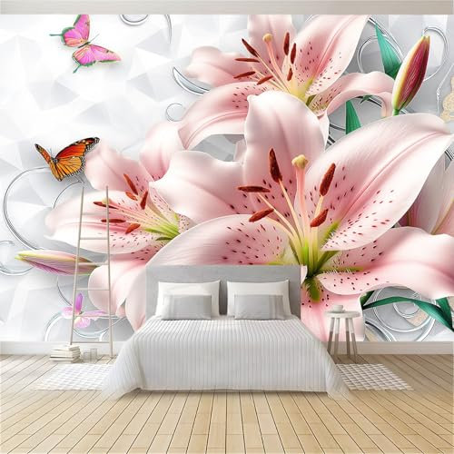 Fototapete Elegant Blumen Schmetterling Weiß Rosa 3d Effekt Tapete Fototapetens Vlies Tapeten Vliestapete Wandtapete Moderne Wand Wandbild Schlafzimmer Spielzimmer Wohnzimmer Deko 300 x 210 cm