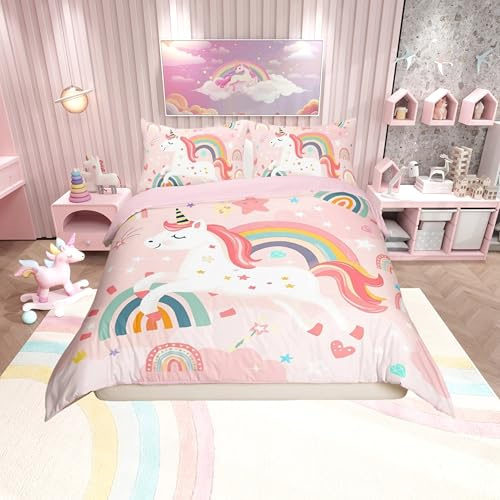 Homemissing Cute Unicorn Duvet Cover Set Double Size For Kids Girls Teens Rainbow Bedding Set Rainbow Unicorn Decor Comforter Cover Set Cartoon Animal Pink Quilt Cover with 2 Pillowcase