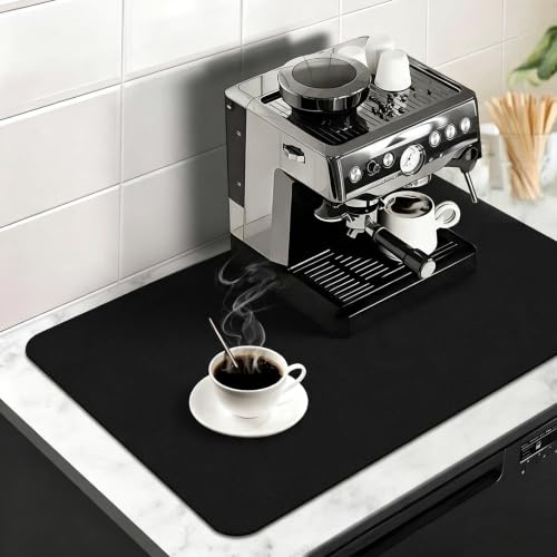 WLHFDC Abtropfmatte Geschirr 50x40cm,Kaffeemaschine Abtropfmatte Schnelltrocknend,Unterlage Kaffeemaschine Matte, Abtropfmatte Spüle,Spülmatte Super Saugfähige Rutschfest für Küche,Bad,Theke(Schwarz)