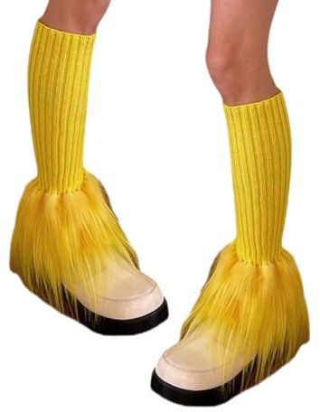 Watreketal Beinstulpen für Damen, Winter, gerippt, gestrickt, Fußlose Socken, lang, pelzig, Plüsch, Patchwork, einfarbig, Fußbedeckungen, Streetwear, gelb, 16.54in