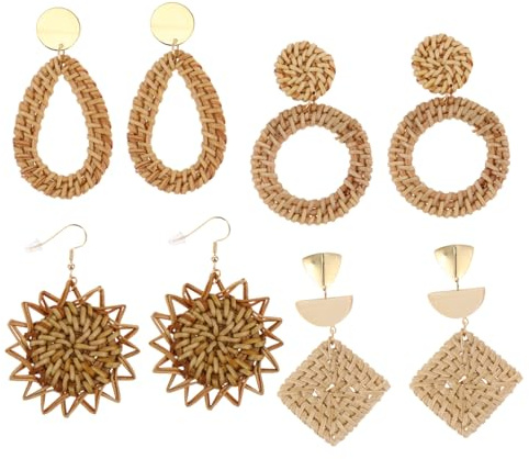 WESIEVYA 4 Paar Handgewebte Rattan Ohrringe Holz Ohrhänger Für Damen Natürliches Design Langlebig Leicht Tragbar Partys Geschenk