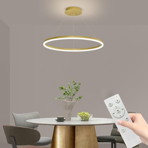Mikeru Pendellampe Esstisch Rund 40cm, Moderne LED-Pendelleuchte Dimmbar 10%-100% Lampen Gold 3000K/4500K/6000K Hoehenverstellbar LED Hängeleuchte Mit Fernbedienung für Wohnzimmer