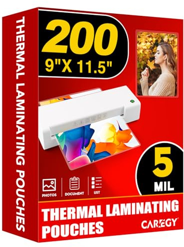CAREGY 5 Mil Thermal Laminating Pouches (200 Pack) - 9x11.5 Inch Laminating Sheets for 8.5x11 Documents, Clear,Office & School Laminator Supplies