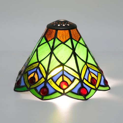 Tiffany Style Lamp Shade Replacement 8 Inch Stained Glass Ceiling Light Shade Green Peacock Tail Handcrafted Dome Small Lampshade for Beside Table Lamps Pendant Lights Chandeliers