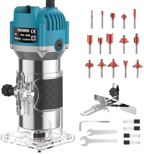 Holzfräse Oberfräse Professionell, 800 W, 30000 U/min, Handpalmenfräser Mit 15 Stück1/4 Fräsen Cuter Mit Spannzange 6.35MM, Kantenfräse aus Aluminium zum Fasen, Nuten, Schneiden, Bohren