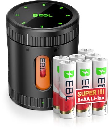 EBL uppladdningsbara litiumbatterier AA med laddare, 8 stycken 1,5 V super 3 600 mWh AA-batterier för blink utomhuskamera, universal batteriladdare för uppladdningsbara AA och AAA-batterier