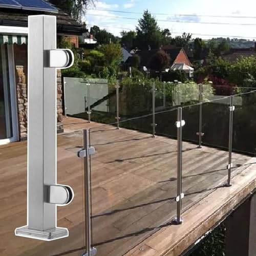 Poteau de Garde-Corps de terrasse avec Pince à Verre, Balustrade d'escalier, Balcon, clôture carrée en Acier Inoxydable, Poteau de Balustrade en Acier Inoxydable (Poteau d'extrémité, 105 cm