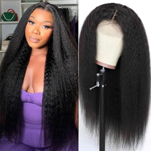 Yaki Cheveux Humains Droites 4x4 Dentelle Perruque Frontale Sans Colle Avant Coupe Dentelle Avant Blanchi Nœuds Invisibles 4x4 Wig 180% Densité 20 Pouces