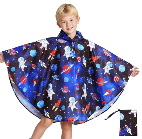 Baogaier Poncho Impermeable Niño Niñas Ligero y Resistente Chubasqueros Capa Chaquetas de Lluvia Abrigos con Capucha Infantiles Exteriores Impermeables Ropa para 6-10 años, Azul Astronauta