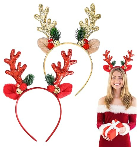 JIEBAO 2 Stück Glitzer Weihnachten Haarreif Weihnachten Geweih Haarreif, WeihnachtsstirnbäNder, Zubehör für Partygeschenk, Weihnachtskostüm, Party Zubehör
