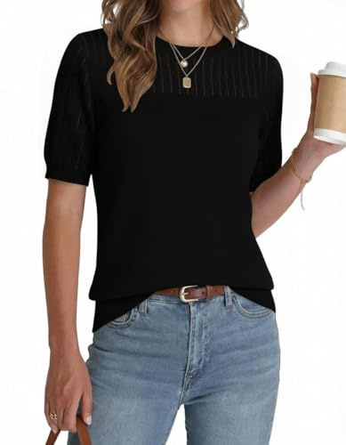 Zeagoo Womens Short Sleeve Sweater Summer Tops Hollow Out Crew Neck Lightweight Pullover Sweaters Loose Dressy Casual Blouse Black