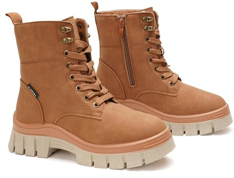 GLAMORA Botas de Invierno para Mujer, Botines Forrados, Plataforma, Estilo Militar, Resistentes al Agua, Suela de Goma Antideslizante, Cremallera Lateral y Cordones G25750-cm-38