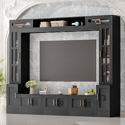 Merax 98.4 W Wall Unit Entertainment Center with Bookshelves for TVs up to 80, Modern TV Stand Media Console with Cabinets, Tempered Glass Doors and Adjustable Shelves for Living Room, Black