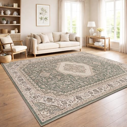 Paco Home Vintage Wohnzimmerteppich Kurzflor Boho Stil Waschbar & rutschfest pflegeleicht modernes Retro Design, Farbe:Grün, Größe:160x220 cm