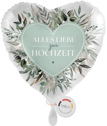 balloa Folienballon Hochzeit Alles Liebe Herz, Helium Ballon, Luftballon für Hochzeitsdeko Partydeko, Geschenk zur Hochzeit Brautpaar, Greenery Wedding Deko Feier, 33cm