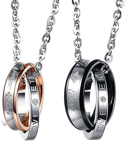 Cupimatch Cadena de la amistad para parejas, doble anillos: par de cadenas de acero inoxidable, colgante con grabado FOREVER LOVE Partner joyas para hombres y mujeres