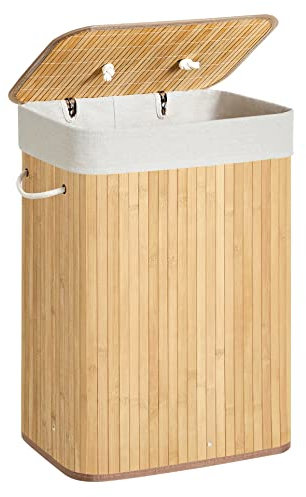 SONGMICS Laundry Basket with Lid 72L Bamboo Foldable Laundry Basket with Removable Washable Bag Handles for Laundry Room Bedroom LCB10Y