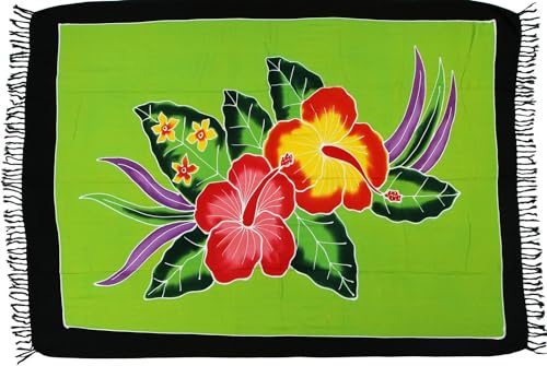 Wogeka - Sarong 170 x 110 cm – telo mare opaco come gonna avvolgente Pareo Loop Stola verde ibisco Fiore Sar80