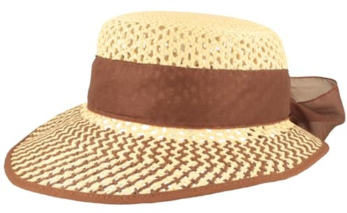 Breiter Damen Strohhut Strand-Hut Schute mit asymmetrischer Krempe & Schleife 100% Papier, Weiß-Braun M