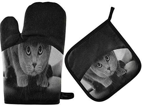 Mnsruu Ofenhandschuhe und Topflappen, lustige Schottische Katze, hitzebeständig, für Küche, Backen, Grillen, 2 Stück