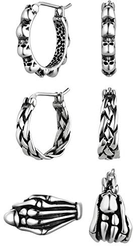 JewelryWe Creolen Herren Damen Geflochten Schädel Totenkopf Skelett Hand Ohrringe Ohrstecker Retro Edelstahl Ohrschmuck für Männer Frauen Halloween