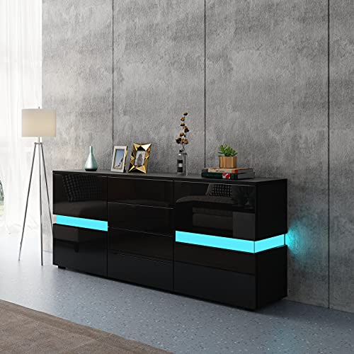 LED Sideboard Cabinet, TV Unit High Gloss Cupboard Storage Cabinet Black | 16 Changing Colours and 4 Modes, 2 Doors, 4 Drawers, TV Stands for Living Room