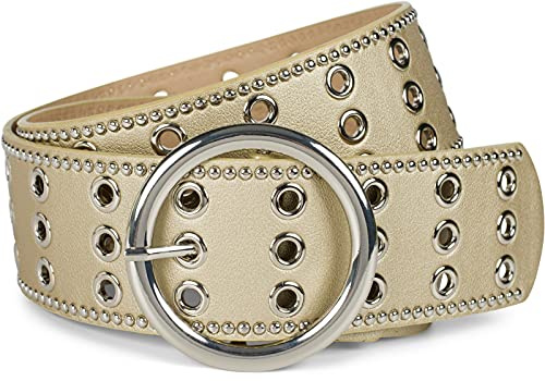 styleBREAKER Damen Breiter Nietengürtel Kunstleder | 5,8 cm Breite, 3 Reihen Lochnieten, kleine seitliche Kugelnieten, matte Oberfläche, leicht auf individuelle Länge kürzbar.