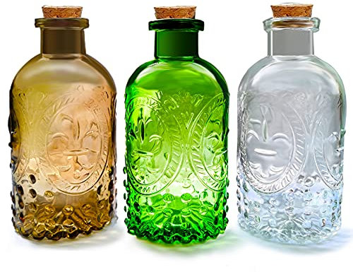 Small Clear Glass Apothecary Diffuser Decorative Bottles Vase Home Decorations Ornaments with Cork Lids,Spice Container Spell Jars,Wedding Witchcraft Supplies, Set of 3,Antique/Vintage Style…