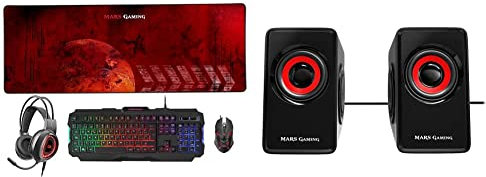 MARSGAMINGMARSGAMING MCPRGB2ES, Combo Gaming Teclado y Ratón +Alfombrilla XXL+ Cascos, ES, Negro + MS1, Altavoces 10W, subwoofer, Jack 3.5mm, Pc/Mac/Smartphone/Tablet, Negro/Rojo