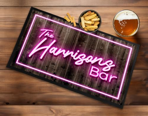 Tapis de bar personnalisé – Inscription fluo décorative pour la maison, le bar, la bière (rose)