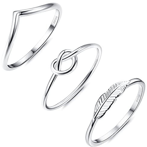 Krfy 3 Stück 925 Sterling Silber Ringe Knöchelringe für Damen 18 Karat Weißgold Liebesknoten Feder Zierliche Ringe Daumen Finger Stapelbare Ringe Set Bandringe für Damen Mädchen