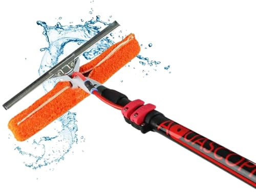 aquascopic Teleskopstange mit wasserdurchlässigem Kombi-Einwascher/Abzieher und internem Wasserschlauch - Längenverstellbar Fensterreiniger für Sonnenkollektoren - Bis zu 8m