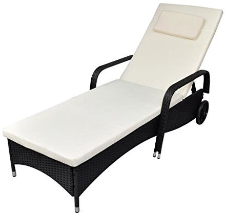 Gecheer Sedia a sdraio con imbottitura e ruote, in polyrattan, per esterni, per il tempo libero, per la spiaggia, per il giardino, in polyrattan, colore nero