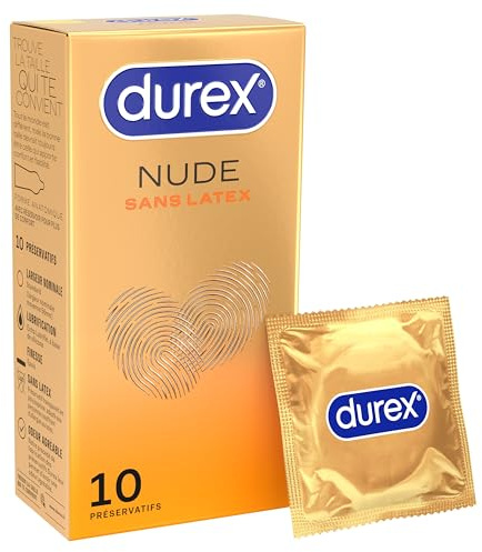 Durex Nude Sans Latex, 10 Preservativi Extra Lubrificati - Taglia Standard - Adatto a chi soffre di allergie al lattice
