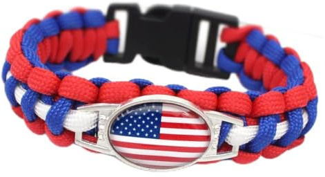 LODMLOER Paracord Geflochtenes Armband, Amerikanische Flagge Oval Edelstein Armband Usa Flagge Armband, Starkes Mehrfarbiges Paracord Outdoor Armband Geschenke Für Männer Frauen,22Cm
