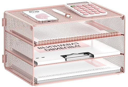 DALTACK Briefablage mit 3 Ebenen, Papier-Organizer für den Schreibtisch, Netz-Metall-Schreibtisch-Organizer mit verschiebbaren Ablagen für Brief/A4-Papier, Post, Rechnungen und Ordner, Rosa
