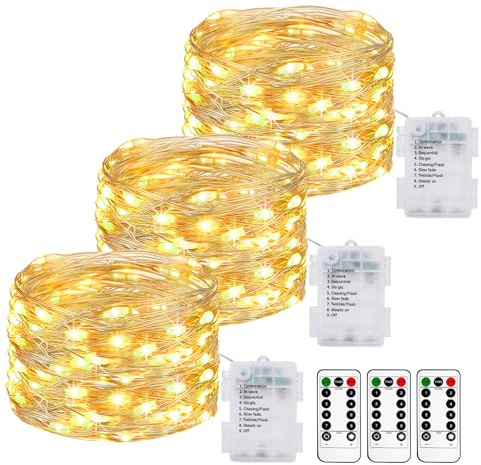 3 Pack Fairy Lights Battery Operated with Remote, 10M/33FT 100LED String Lights Battery Powered Outdoor Indoor IP65 Waterproof, 8 Modes Wire Twinkle Lights for Bedroom Gazebo Christmas Decor